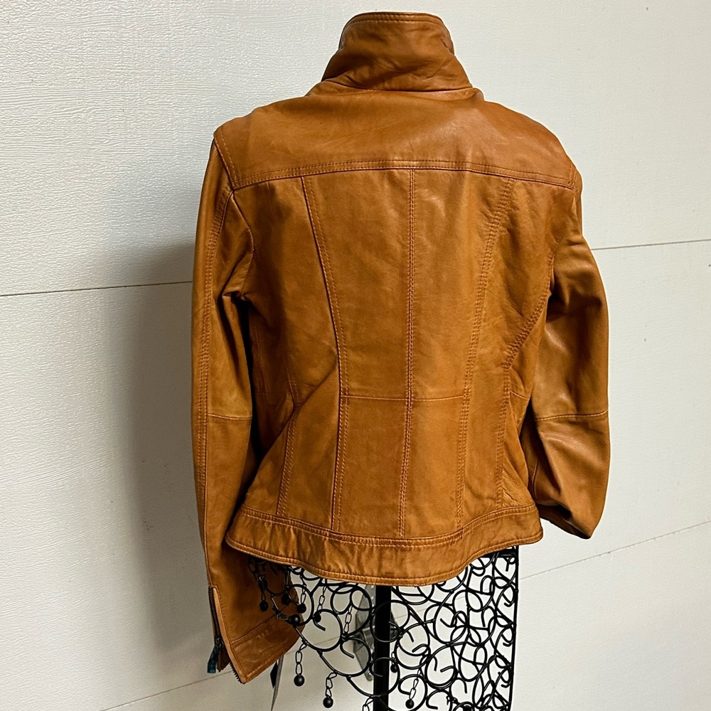 Black Rivet Cognac Tailored Leather Jacket | Pockets | Collar Ladies Size M NWT - Picture 4 of 15
